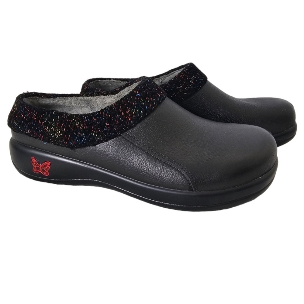 Alegria Kyah Black Leather Mule Knit Trim Comfort KYA-7630 Faux Fur Lining 35